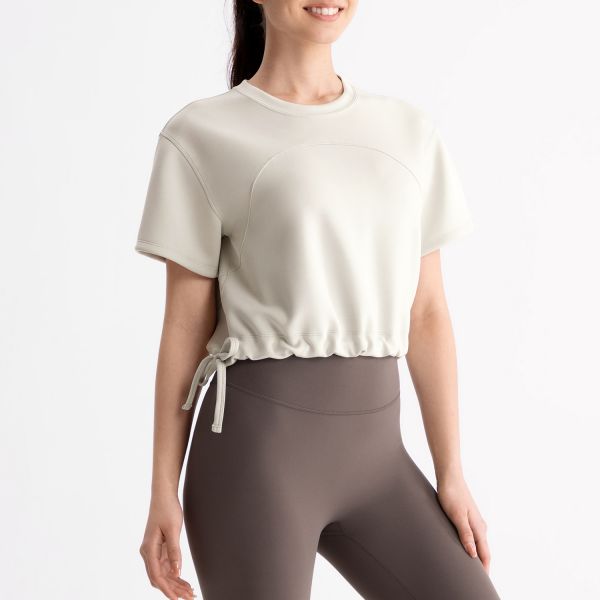 Women'S Yoga Crop Top Athletic Shirts Dark Gray Short Sleeved With Drawstring Hem