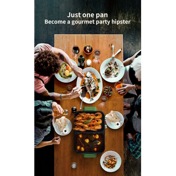 14 Inch BBQ Hot Pot Pan 50Hz Steamboat Grill Pan 1L Non Stick Firepower