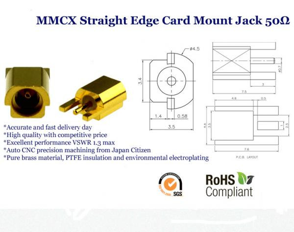 Gold Plated MMCX RF Coaxial Connectors , Straight Edge Mount Jack Female Connector