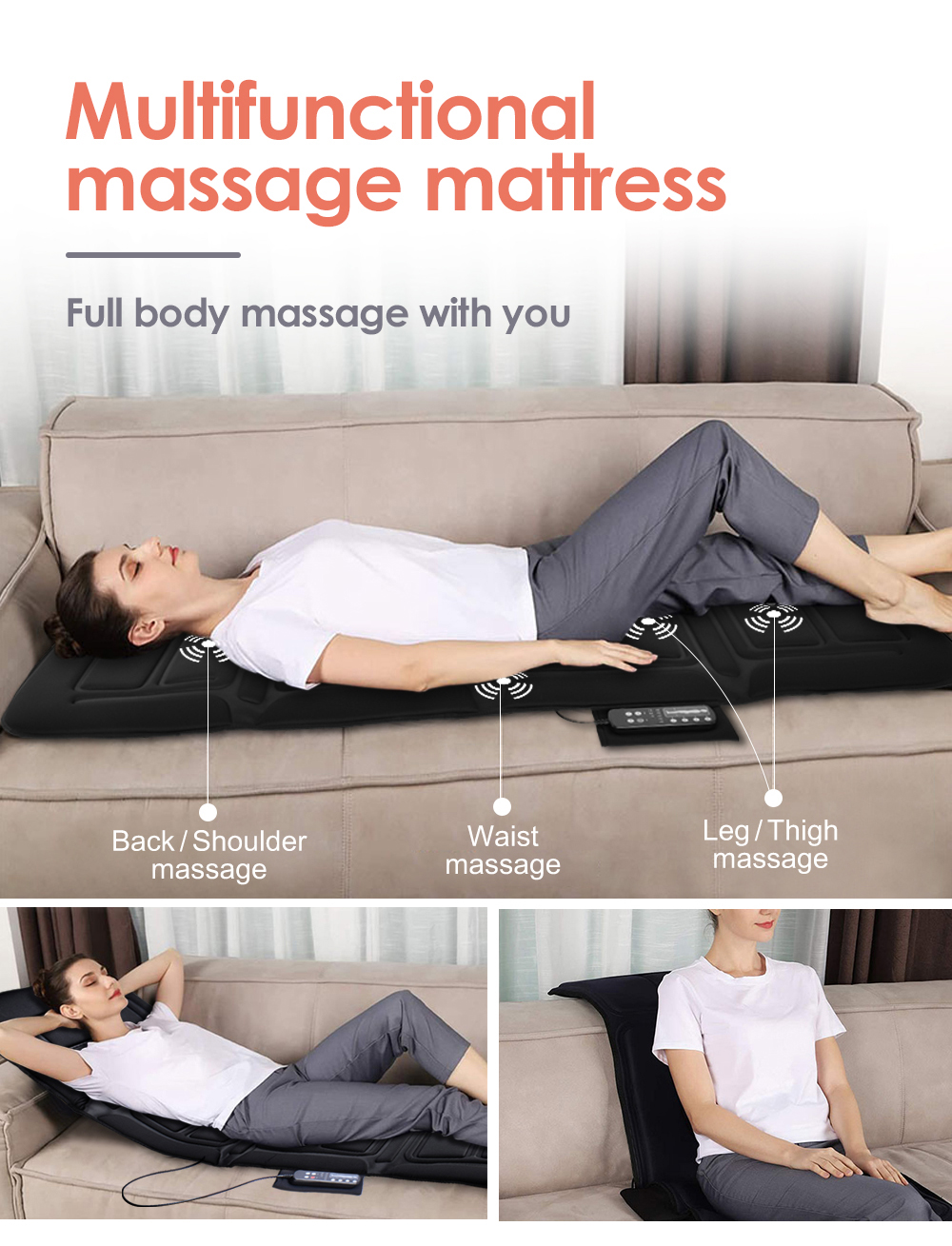 Body Vibration Motors and Therapy Heating Pad Massage Bed Topper Memory Foam Mattress for Adults