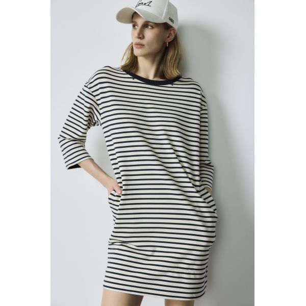 Oversized 3 4 Sleeve Cotton Dress Black And White Striped Cotton Dress