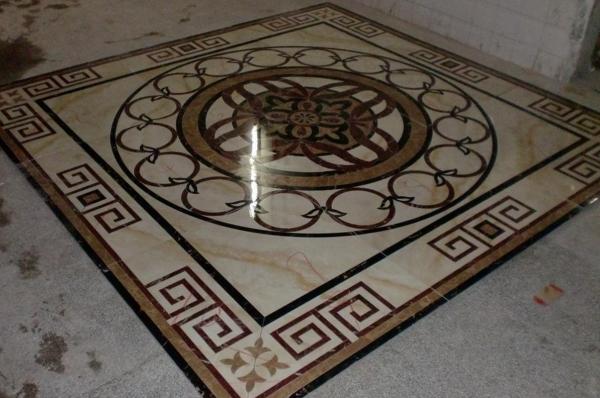 Parquet, natural stone parquet, engineered stone water jet medallion