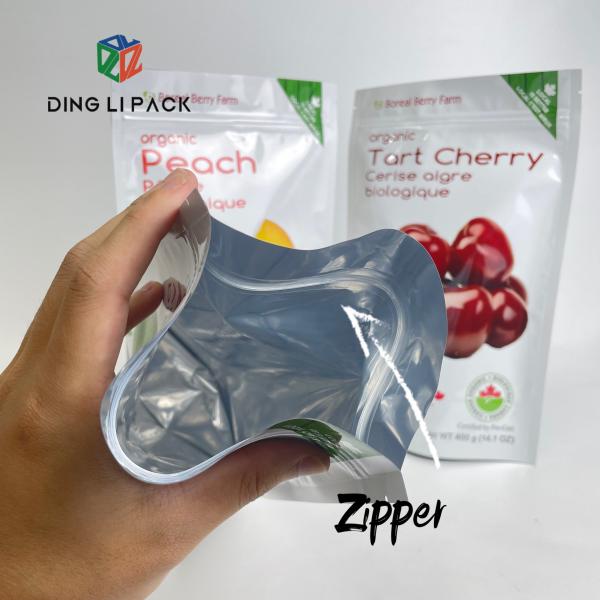 Custom print plastic food grade resealable stand up pouch metallic frosted  dried fruit packing bags with plastic zipper