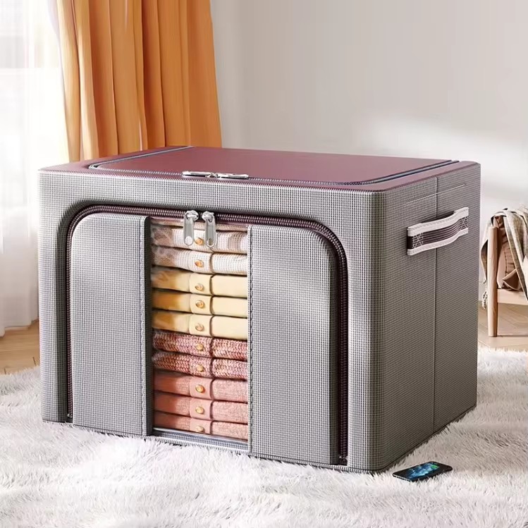 Wholesale Custom Large Capacity Foldable Bedding Storage Box Stackable Steel Frame Fabric Storage Box