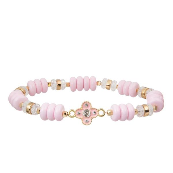 Pink Girl Elegant Dainty Beaded Bracelet Set With Gold Heart Pendant