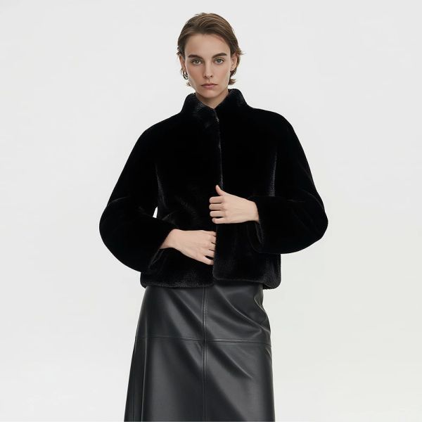 Black Fur Jacket Faux Fur Stand Up Fluffy Jacket