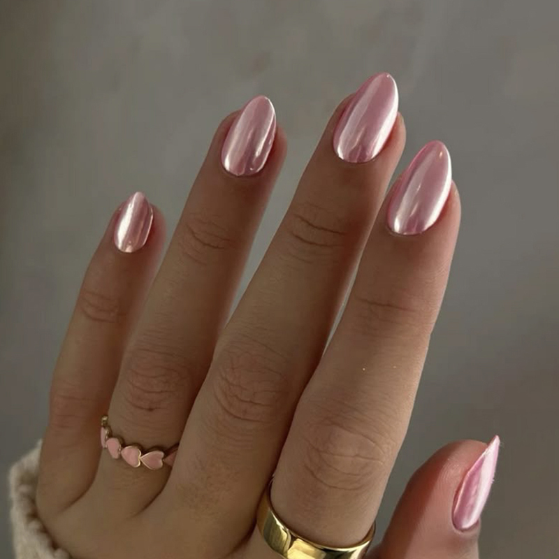 Oval Pink Holographic Fake Nails Medium Press On Holographic Nails