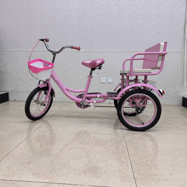 Triciclo infantil rosa de pedales de propulsión humana, triciclo de dos plazas para niños
