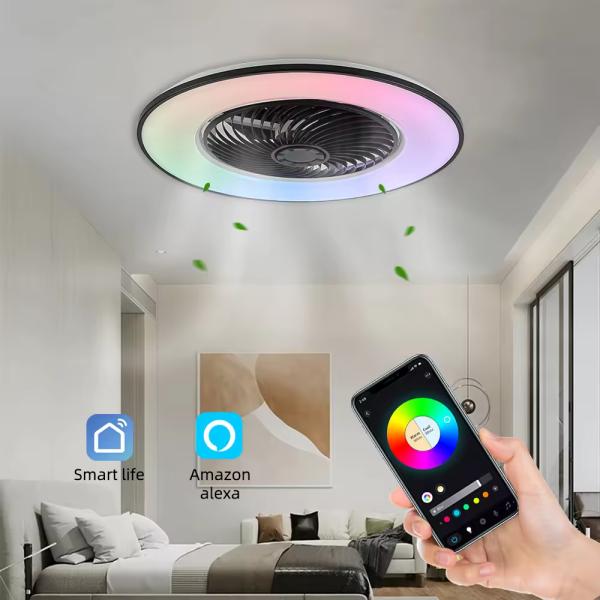 Fábrica mayorista lujoso ventilador de techo LED de 48W RGB luz inteligente aplicación remota moderna Wi-Fi / control de música ventilador de techo moderno LED