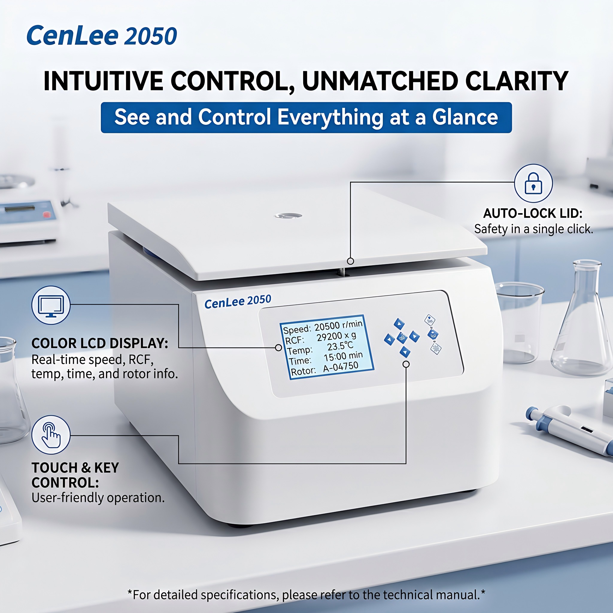 CenLee2050 Clinical High Speed Centrifuge 20500r/min 29200xg Microprocessor Controlled 304 SS Rotor