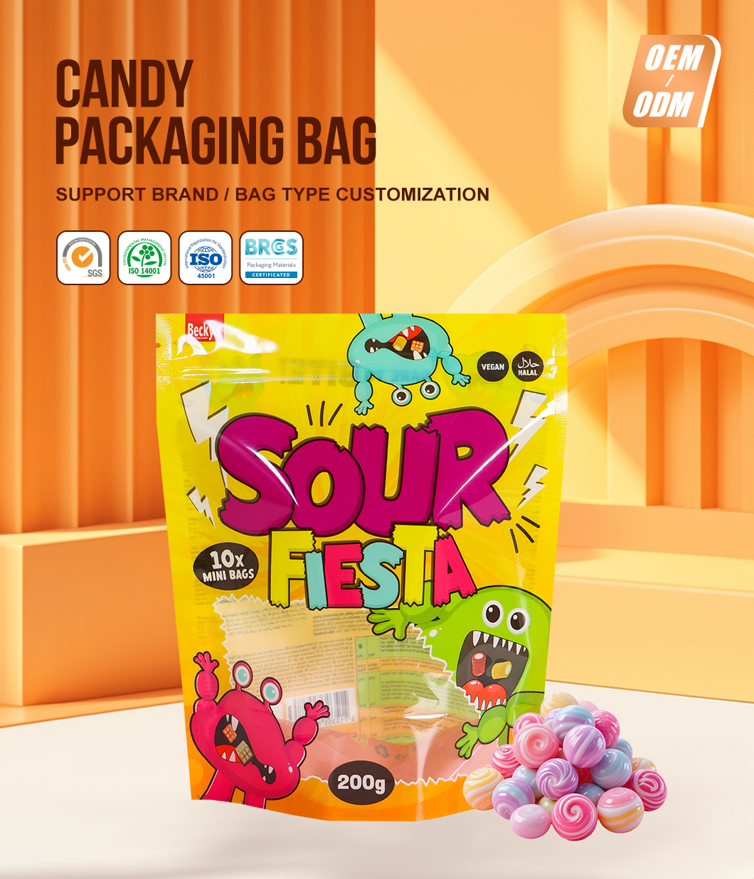 Custom Printed Food Grade Stand Up Pouch with Zipper Top for Candy Packaging