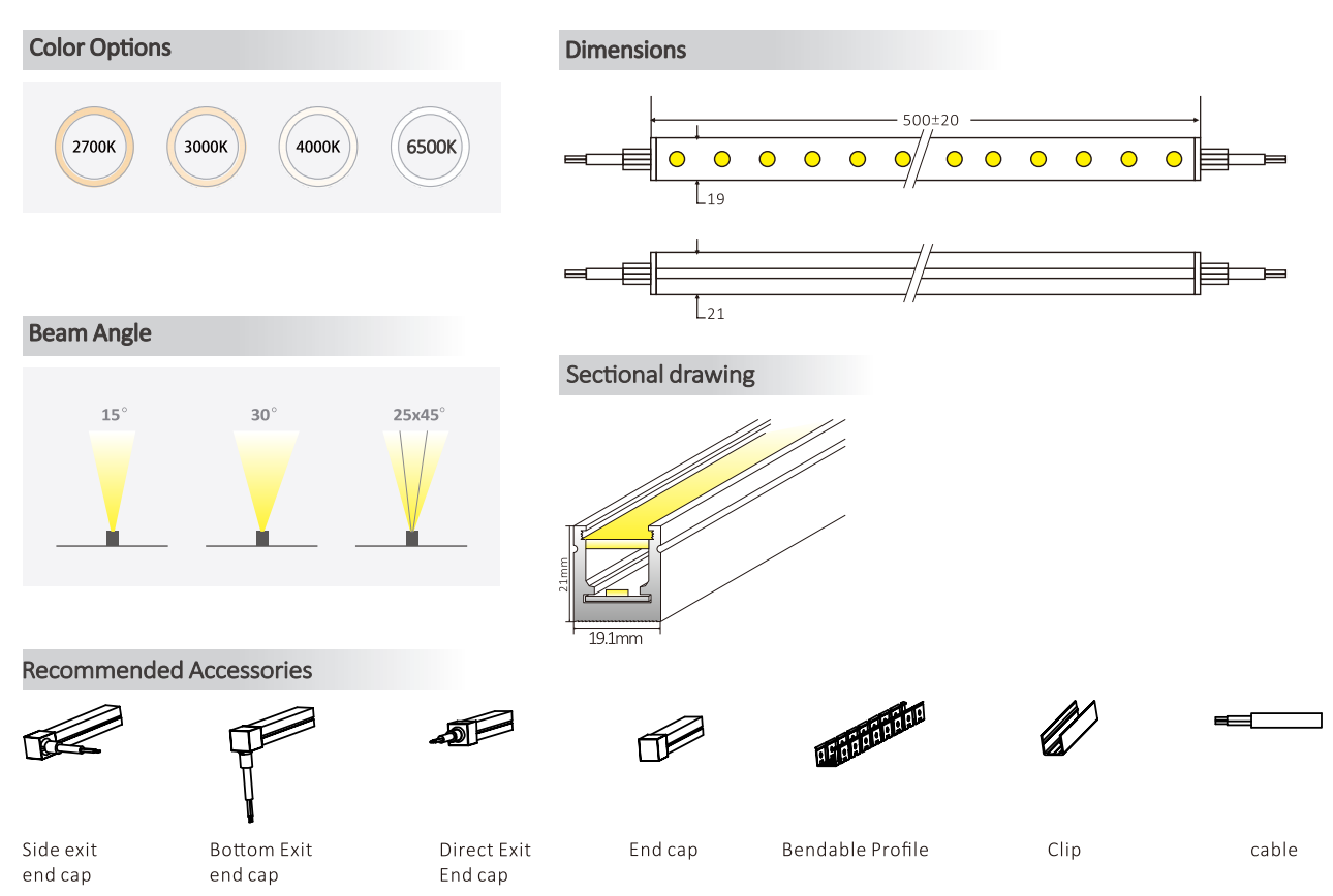 19X21 Anti Glare Free Bend Wall Washer Strip Light 2835 2700K 3000K 4000K 6500K 24V