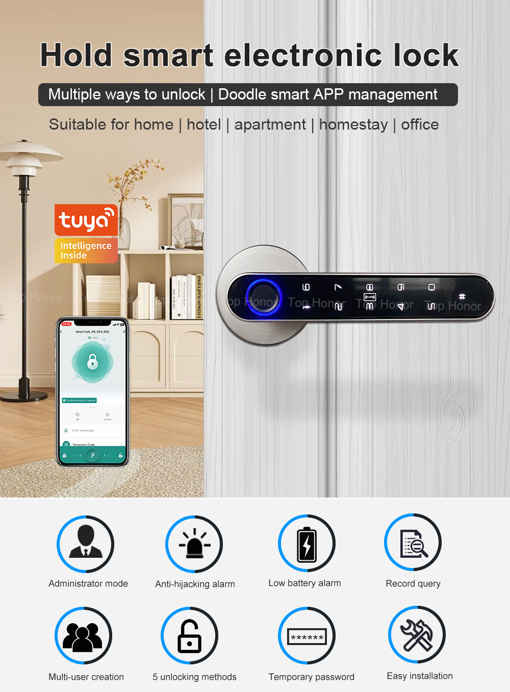 Легкая установка Tuya App Дверный замок Биометрический Bluetooth отпечаток пальца Прикосновение для дома