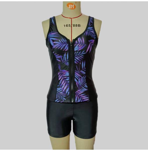 Zippered Vest And Shorts 2 Pieces Women Beachwear Printed Plus Size Swimwear