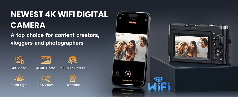 4K Digital Vlog Camera Flip Screen Autofocus Digital Camera With 48MP WiFi