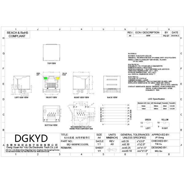 KRJ-56S8P8C1X1GYNL single port RJ45 connector 8P8C with light without filter crystal head communication interface