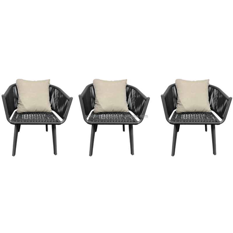 Beige Rope Woven Outdoor Dining Arm Chair with Aluminum Frame for Patio and Garden