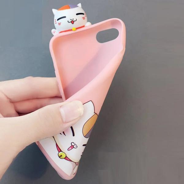 Soft TPU Lucky Cat Image 3D Doll Pasted Back Cover Cell Phone Case For iPhone 7 6s Plus with Cartoon Lanyard
