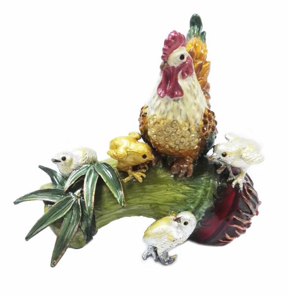 Hot sale antique rooster cock animal shape metal hand painted decortive jewelry box