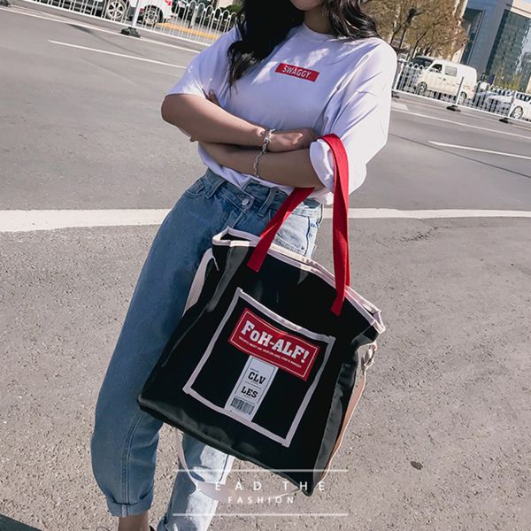 New Korean fashion personality school style contrast color canvas bag women's portable shoulder bag simple fashion bag
