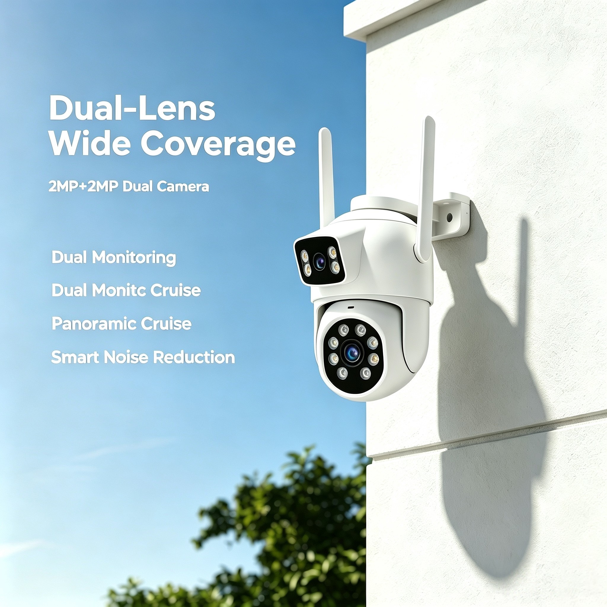 Dual‑Lens WiFi Security Camera Outdoor, 2MP+2MP Dual View Surveillance Camera, Panoramic PTZ Camera with AI Human Detection, Two‑Way Audio, 3‑Mode Night Vision, IP65 Waterproof for Home Yard Security