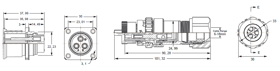 Amphe-OBTS Series Power Connector 2 Way 48V DC Plug C10-730511-Z2S / Z2P For Cell Tower