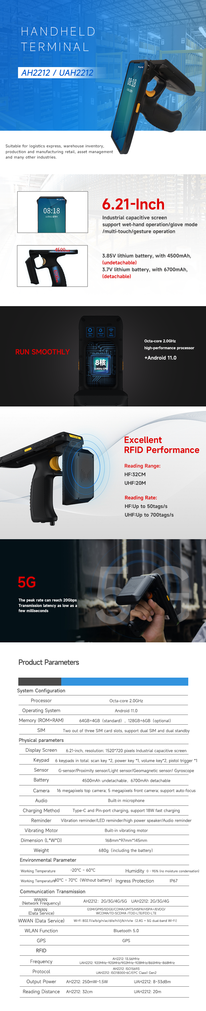 Долгосрочный UHF читателя читателя бирки RFID андроида RFID читателя ISO18000-6C 860-960MHz RFID Handheld