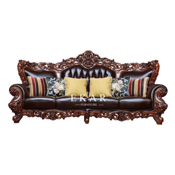 Oak Wooden Carving Design Royal Luxury Living Room 7 Seater Leather Sofa Set