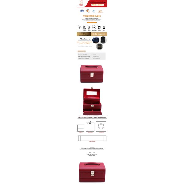 Organiseur de bijoux en cuir en PU de grande capacité portable rouge avec miroir pour les voyages