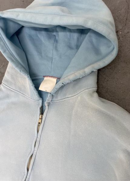 Custom Acid Wash Hoodie Zip Up Men Boxy 400gms 500gsm Heavyweight Sun Faded Distressed Aged Baby Blue