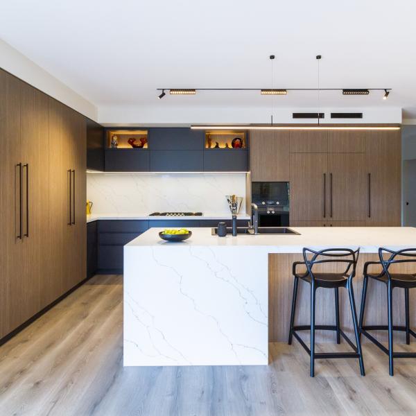 Wooden Grain Melamine Kitchen Cabinet  Modern Kitchen Island