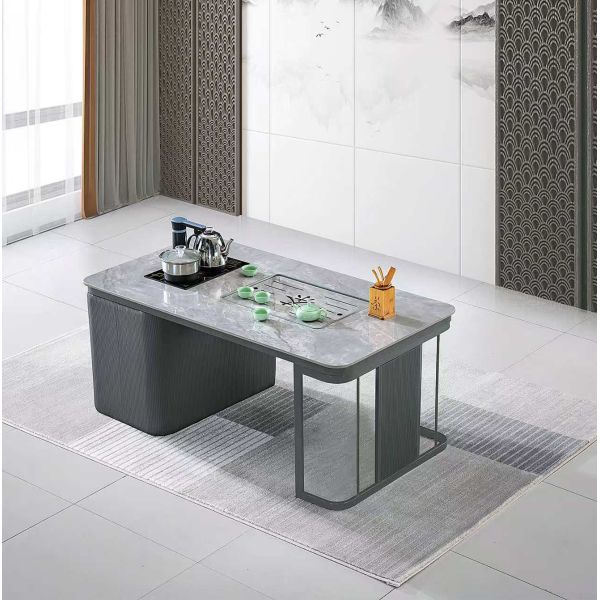 Moderno Minimalista Temperado de vidrio de acero inoxidable Fuego de piedra Mesa de café de oficina totalmente automática