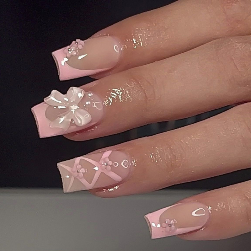 Pink Square French Tip Press On Nails 3D Bow Flower Lace Glossy 