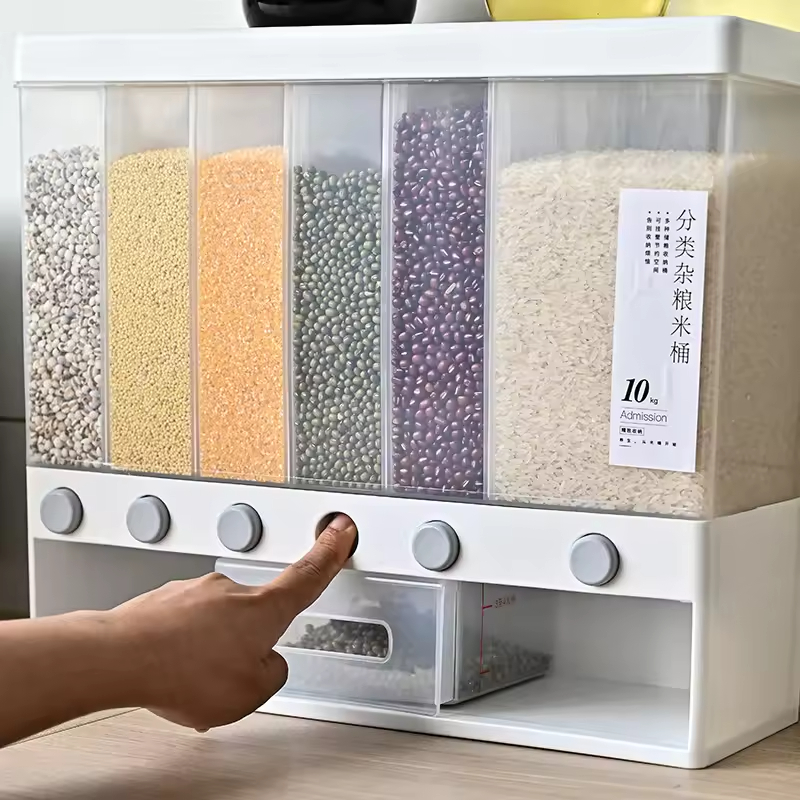 Press-Type 6 Grid Cereal Dispenser Wall Mountable Countertop Grain Storage Box for Rice Dry Foods