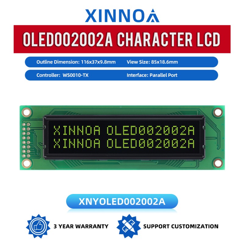 OLED002002A Character LCD Module, Black Film, Parallel Interface, 85x18.6mm View Size,  WS0010-TX Controller