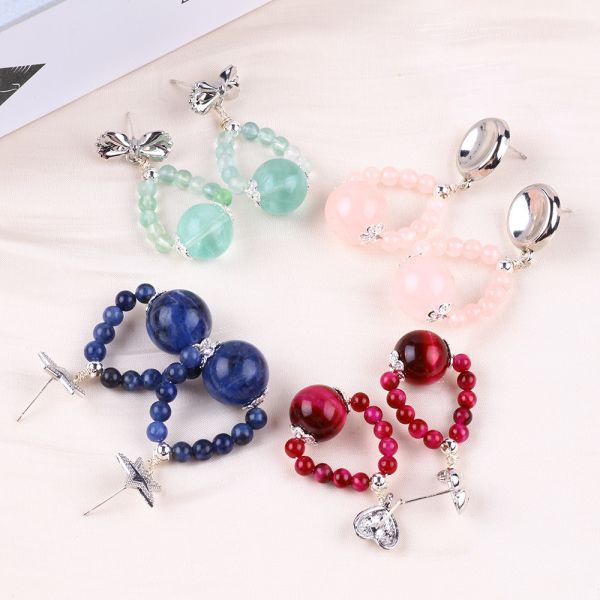 Handmade Crystal Stone Earrings Green Flourite Gemstone Beaded Bow Charms Pendant Earrings