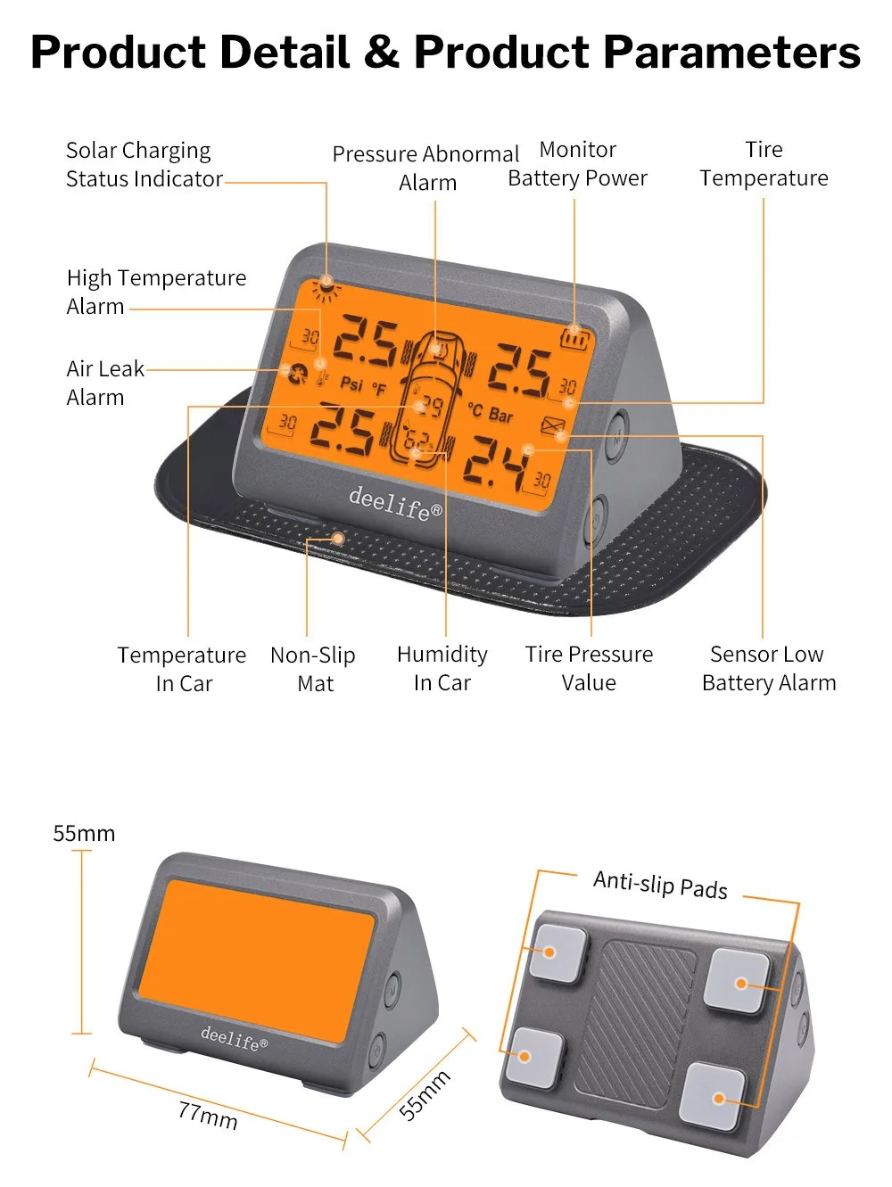 MY77T Solar Car TPMS Monitoring Tire Pressure 433MHz External Sensor