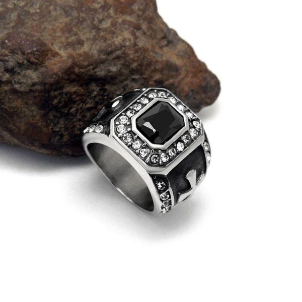 Vintage Inlay Mens Gothic Stainless Steel Band Ring with Black Cubic Zircon（SA566BLACK）