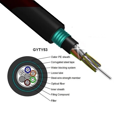 Waterproof GYTY53 Armoured Fiber Optic Cable 2-144 Core Single Mode OEM Color