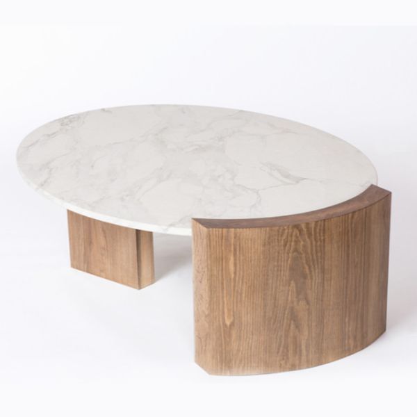 Wooden Base Ellipse Marble Topped Pedestal Coffee Table 129cm