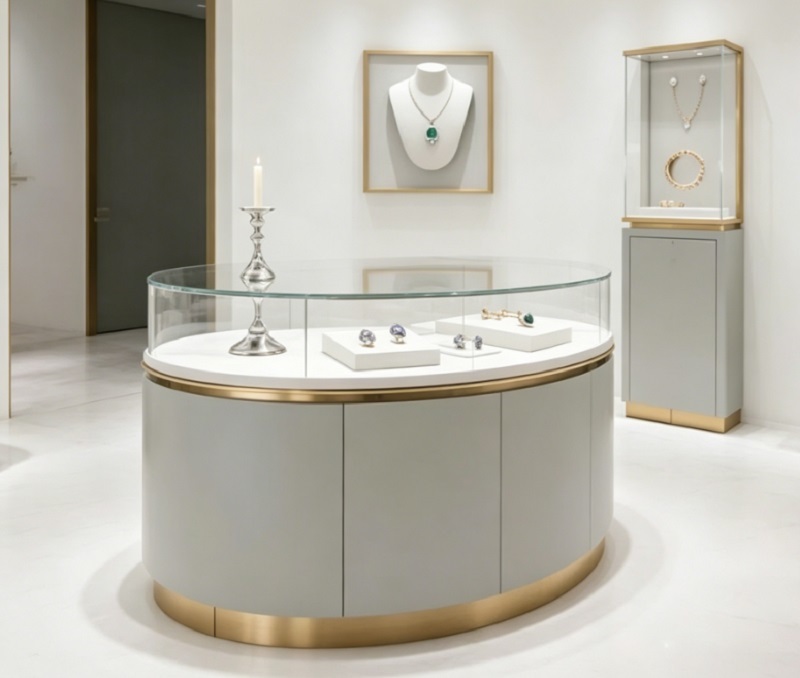 Luxury Light Grey & Rose Gold Curved Jewelry Display Set, Complete Showcase with Central Kiosk & Tall Cabinet