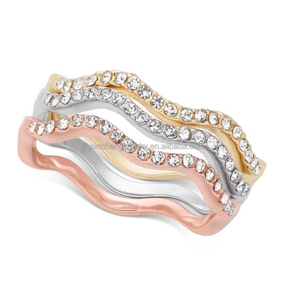 3 Pieces Pave Ring Set Rhodium Plated Wave Ring Sterling Silver