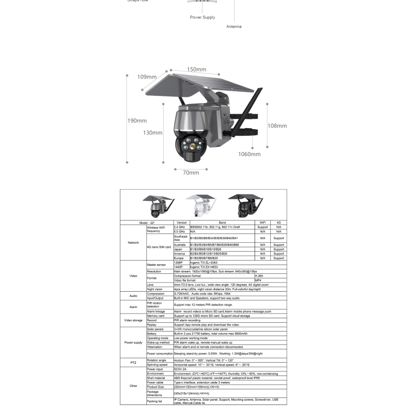 4G/Wifi Solar PTZ IP Camera IP65 Waterproof Night Vision Security Outdoor Camera Tuya APP CCTV Camera