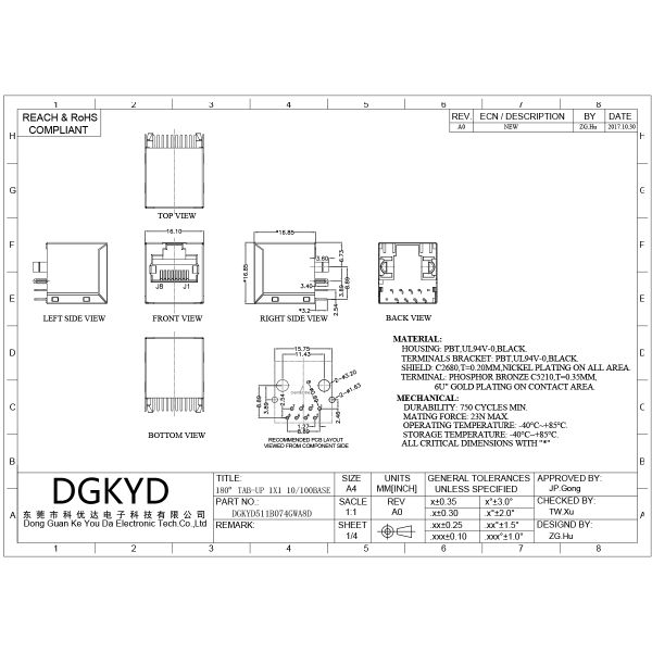Industrial vertical network port RJ45 connector, unlit shielded interface, DGKYD511B074GWA8D