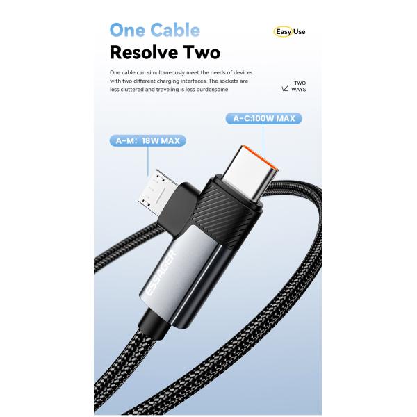 ESSAGER ES-X59 2 In1 Usb To Micro USB C Fast Charging Cables 7A Pd 100W