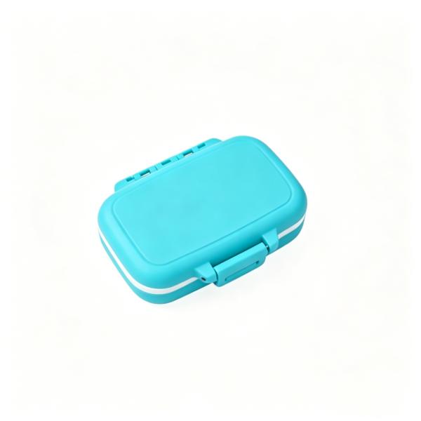 Portable travel-friendly, eco-friendly wheat straw pillbox for storing medicines taken three times a day, morning and evening.
