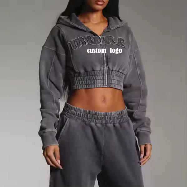 Custom Women Sweatsuit Acid Wash Zip Applique Distressed Embroidery Patch Cropped Hoodie and Sweatpants