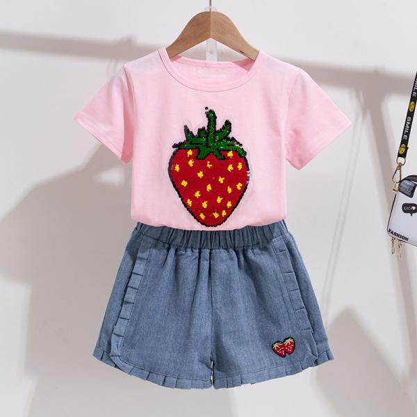 White And Pink Strawberry Cotton Little Girls Clothes Girls Outfit Sets
