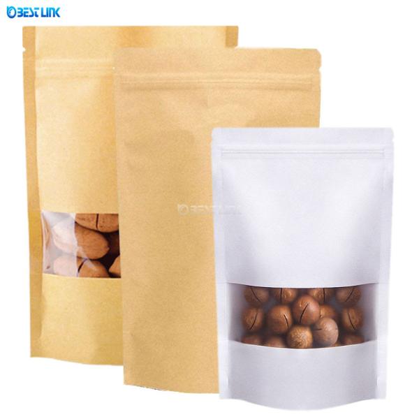 White Kraft Paper Food Packing Standing Pouch Foil Brown Paper Bags with Clear Window