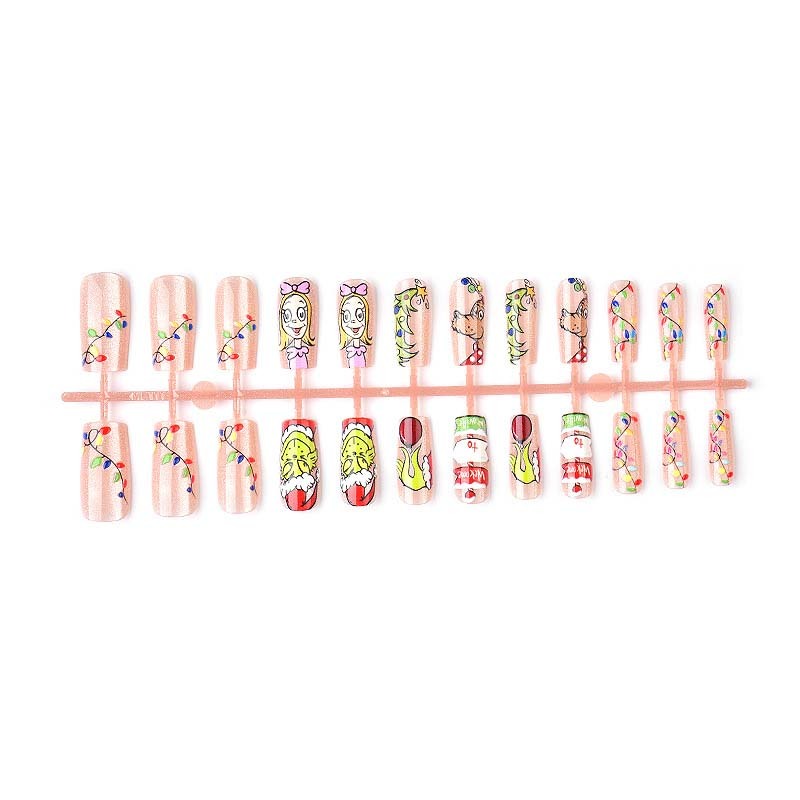 Wholesale Cartoon Grinch Christmas Holiday Fake Nails Short Square Pink Base